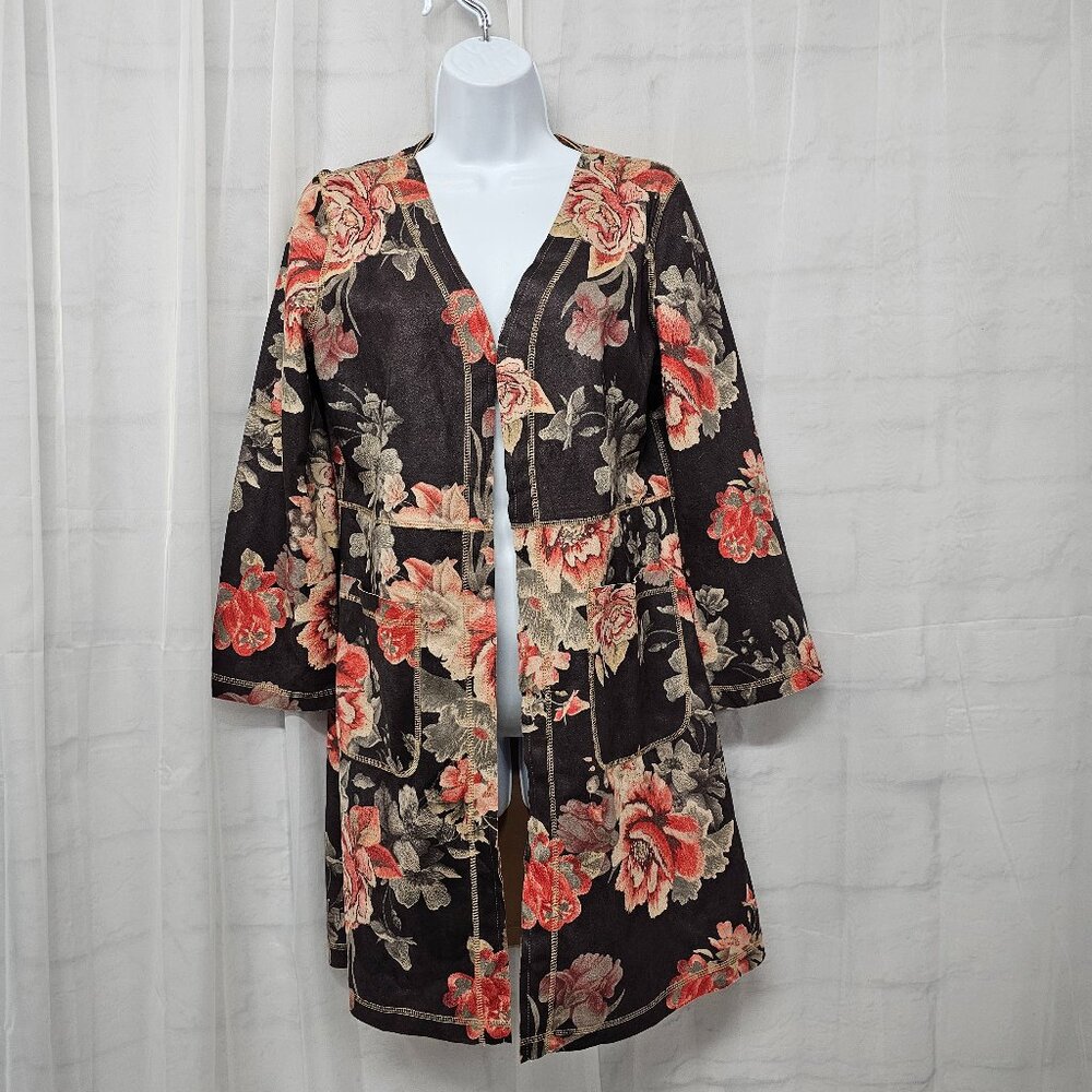 Solitaire Brown Cardigan Jacket Floral Open Boho Hippie S NWT